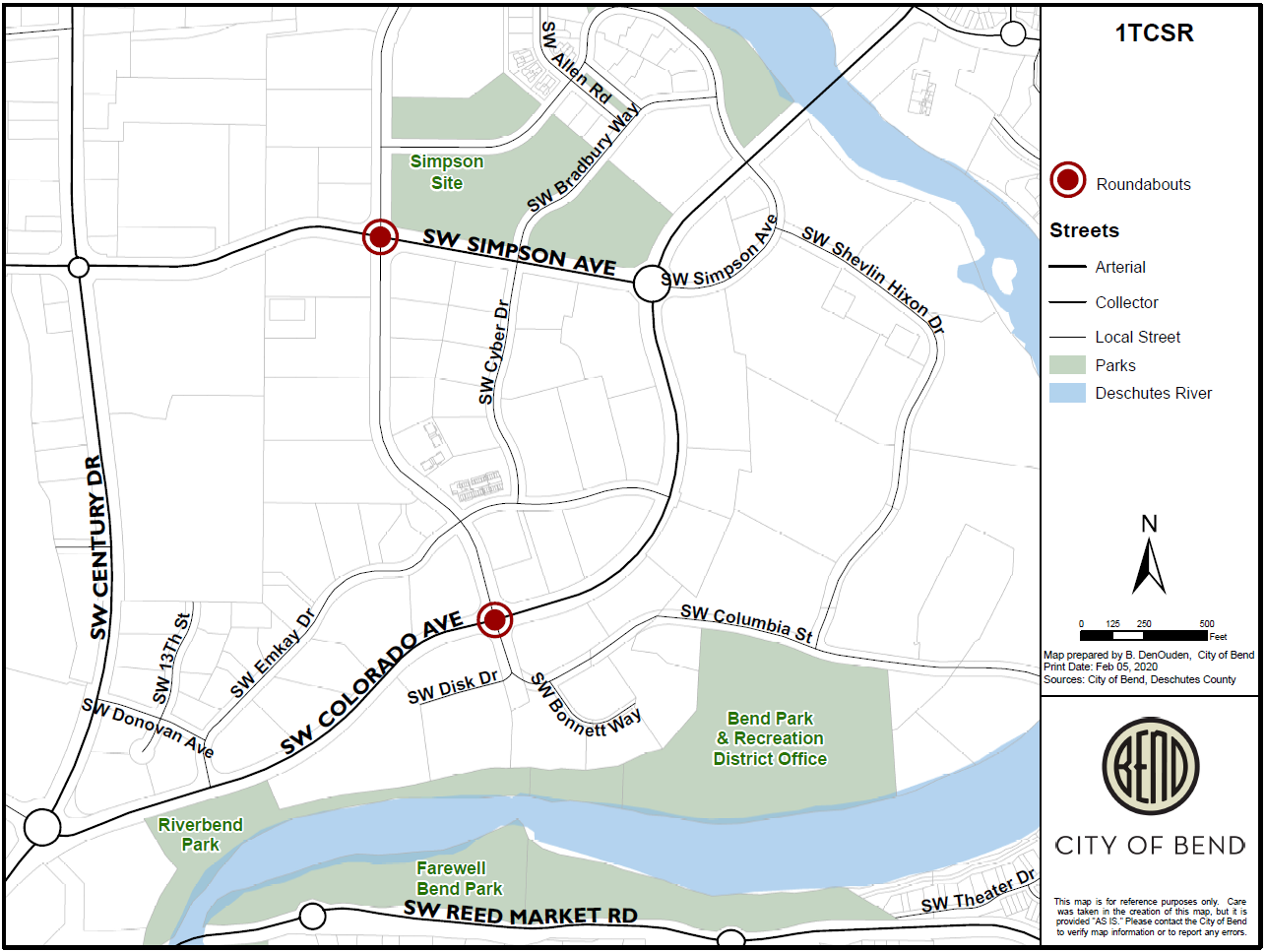 A map depicting the locations of the two new roundabouts at the intersections of SW Simpson Avenue & SW Columbia Street and SW Colorado Avenue & SW Columbia Street.