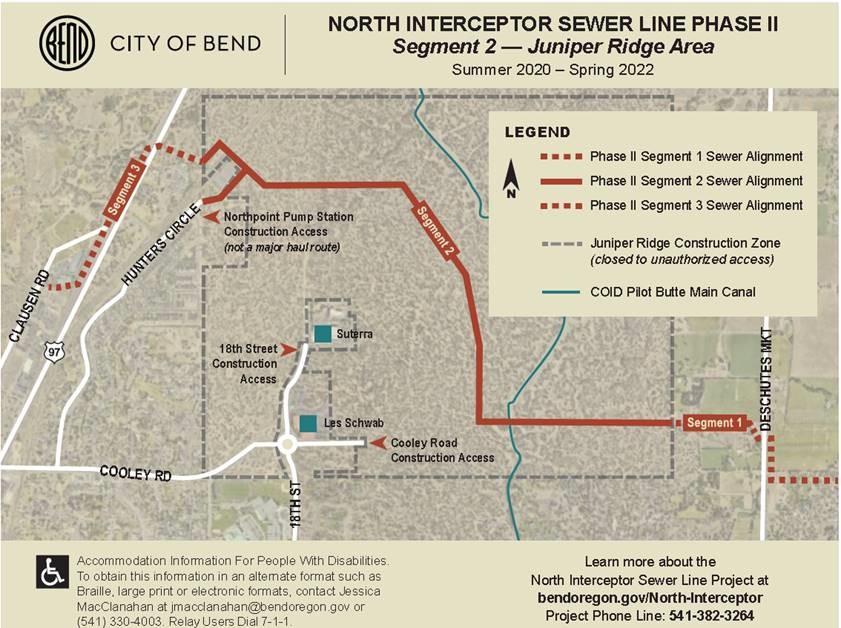 A map depicting Phase II, Segments One through Three, the Juniper Ridge Construction Zone, and COID Pilot Butte main canal scheduled Summer 2020 through Spring 2022.