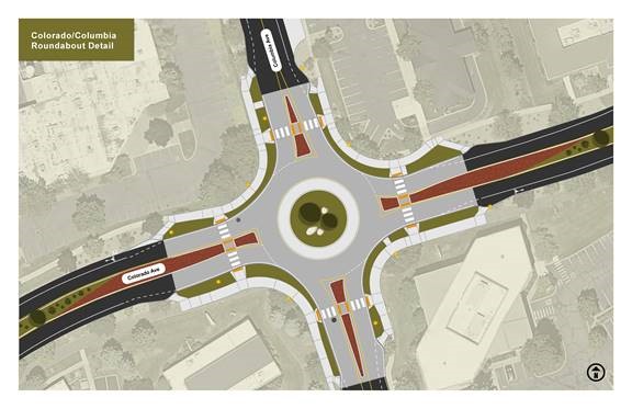 An exhibit depicting a preview of the design of the Colorado/Columbia roundabout.