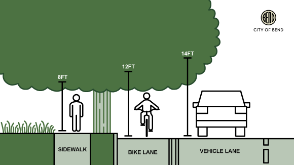 Graphic of a pedestrian, bicyclist, and a car under a tree that shows the heights it needs to be trimmed.