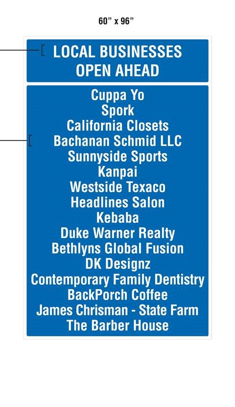 A photo of a sign listing all local businesses that remain open along the Newport Corridor during construction.