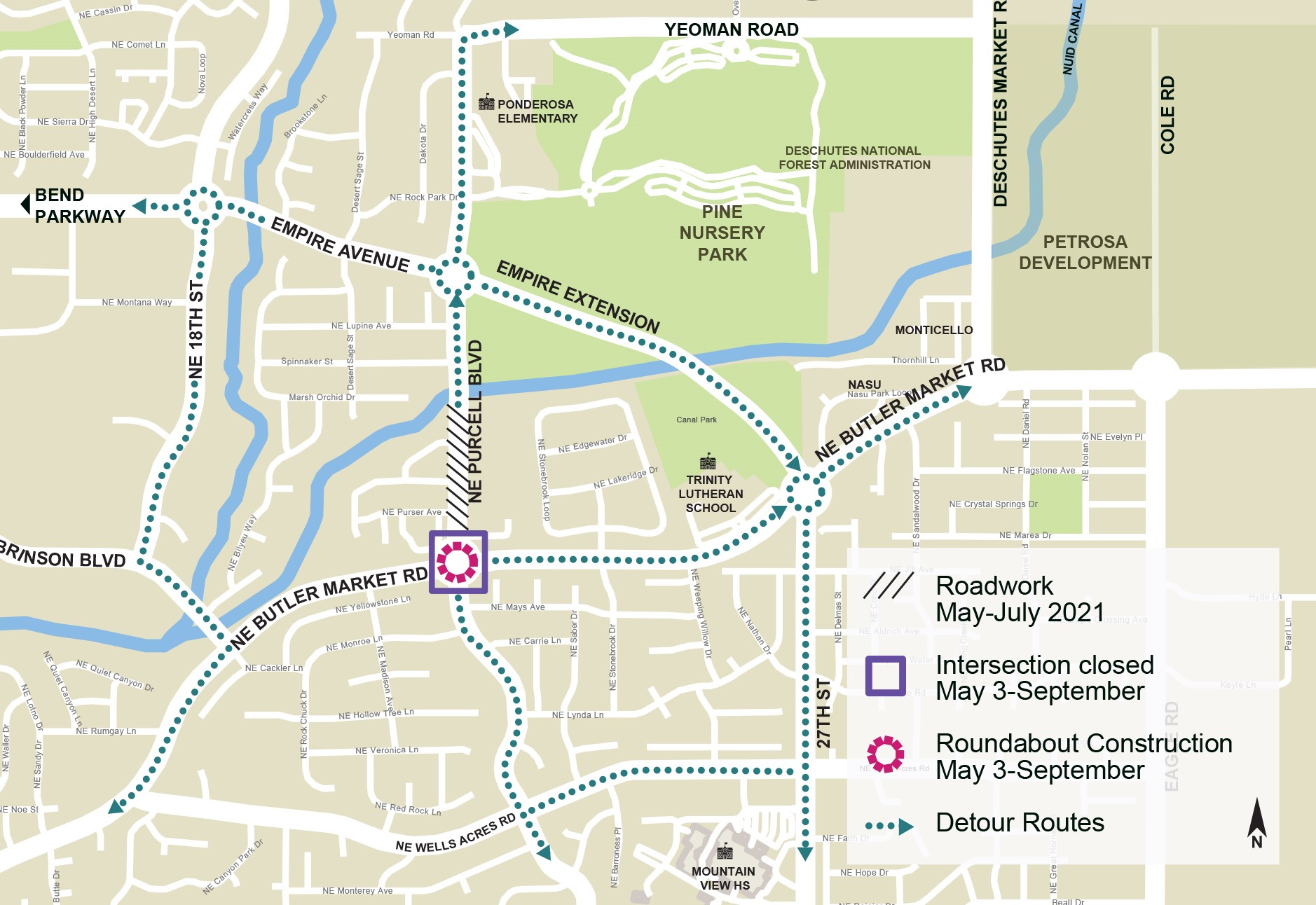 A map exhibiting the NE Purcell Blvd. roadwork (May-July 2021), NE Butler Market Rd./NE Purcell Blvd. intersection closure and roundabout construction (May 3-September), and detour routes.