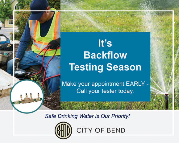 Graphic of man working on water valves and information about backflow testing season