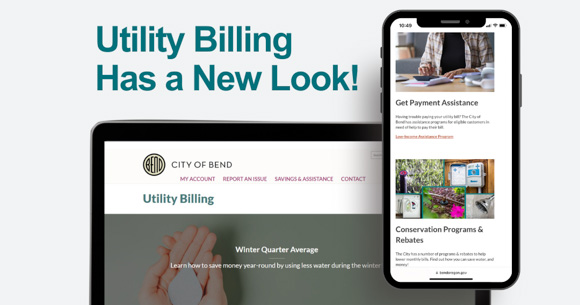 Graphic of the utility billing website on a computer and mobile app