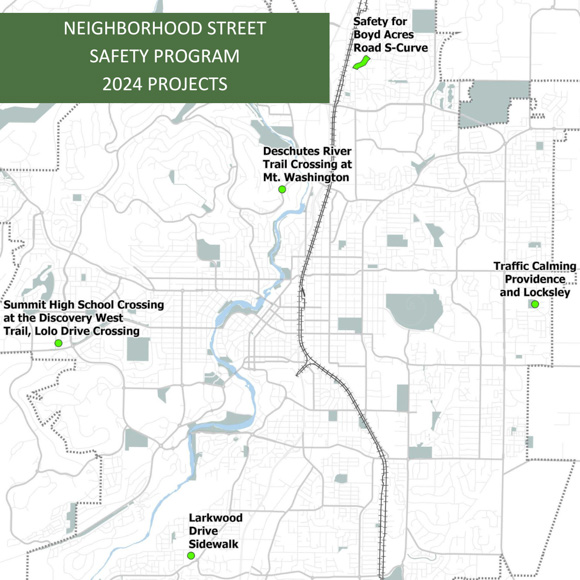 A map of the street safety program 2024 projects in Bend.