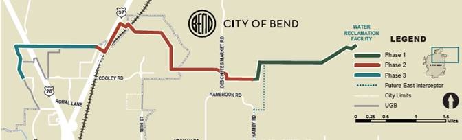 A map depicting phases 1 through 3, the future East Interceptor, the Urban Growth Boundary, and Bend's city limits.