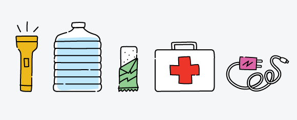 Graphic illustrations of a flashlight, a large water jug, a power bar, a first aid kit, and a phone charger.