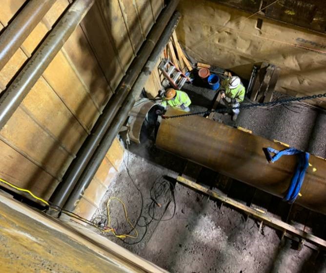 A map depicting Phase II Segments 2 and 3 trenchless work and lateral work near Clausen Rd, the BNSF Railroad, and Hunters Circle from January through Fall of 2021.