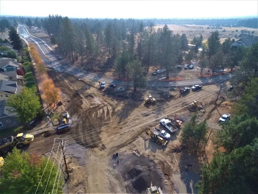 An aerial photo of work crews and equipment working at the Murphy Road & Country Club Drive intersection.