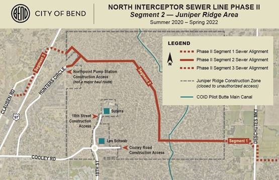 A map depicting the Juniper Ridge Construction Zone, the COID Pilot Butte main canal, and Phase II Segment 2 sewer alignement - Juniper Ridge area.
