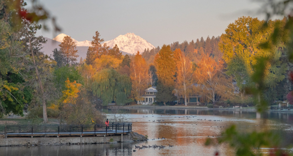 A photo of fall trees with the mountains in the background and a river full of geese.