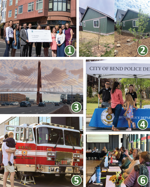 A collage of images of City employees, before and after of housing landscaping, Hawthornee bridge concepting, and community members.