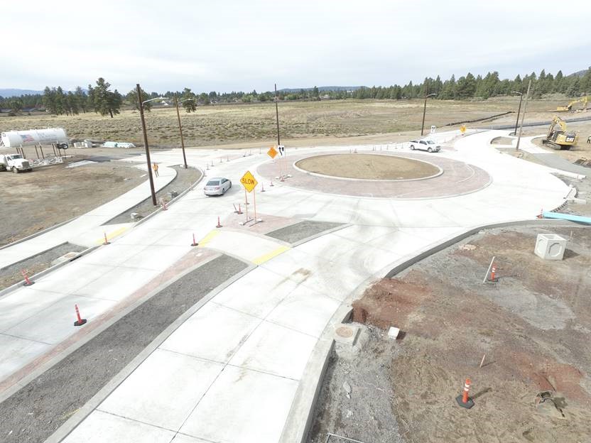 Aerial photo of the detour traffic shift along the 15th St roundabout looking Northwest