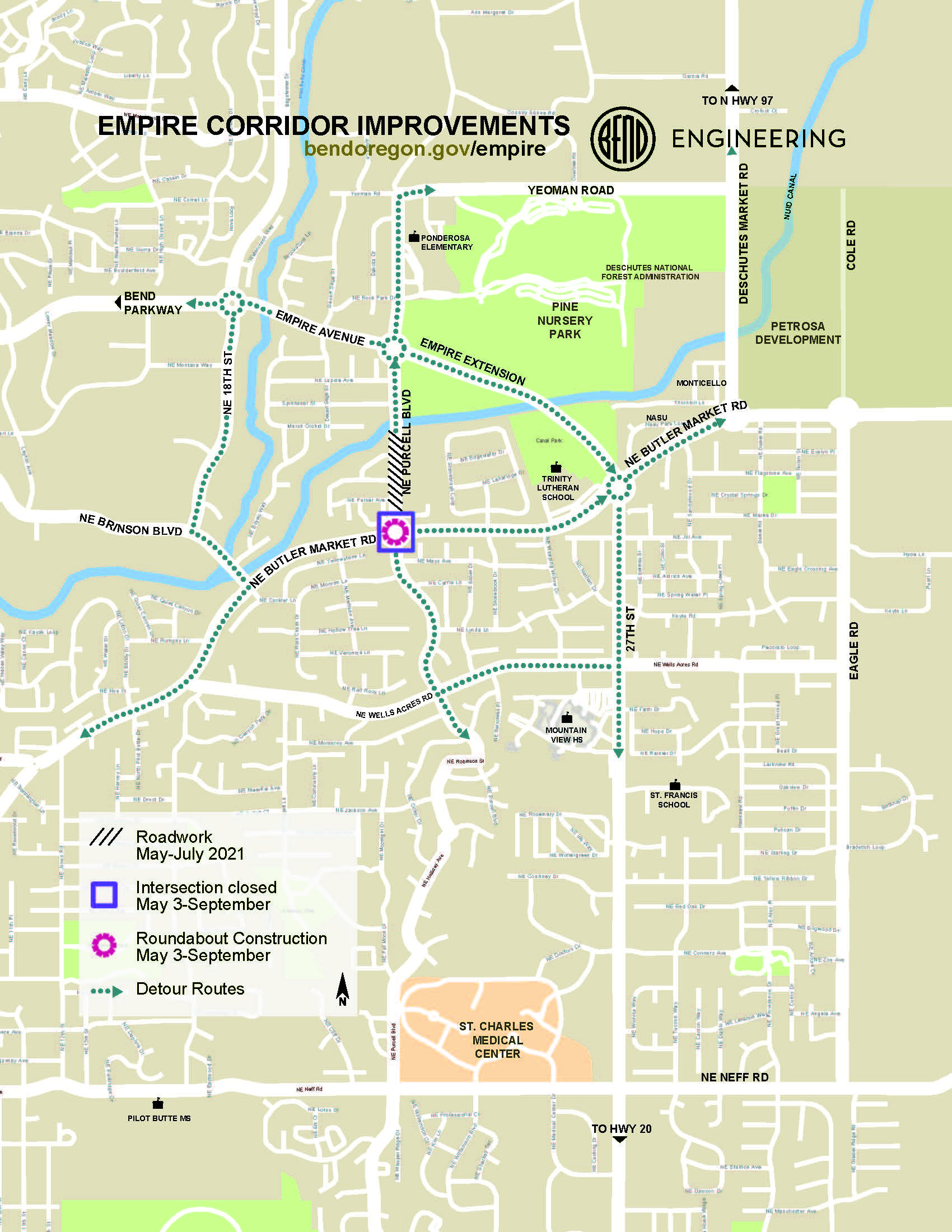 A map depicting detour routes, the NE Bugler Market/NE Purcell intersection closure & roundabout construction (May 3-September), and NE Purcell Blvd roadwork (May-July 2021).