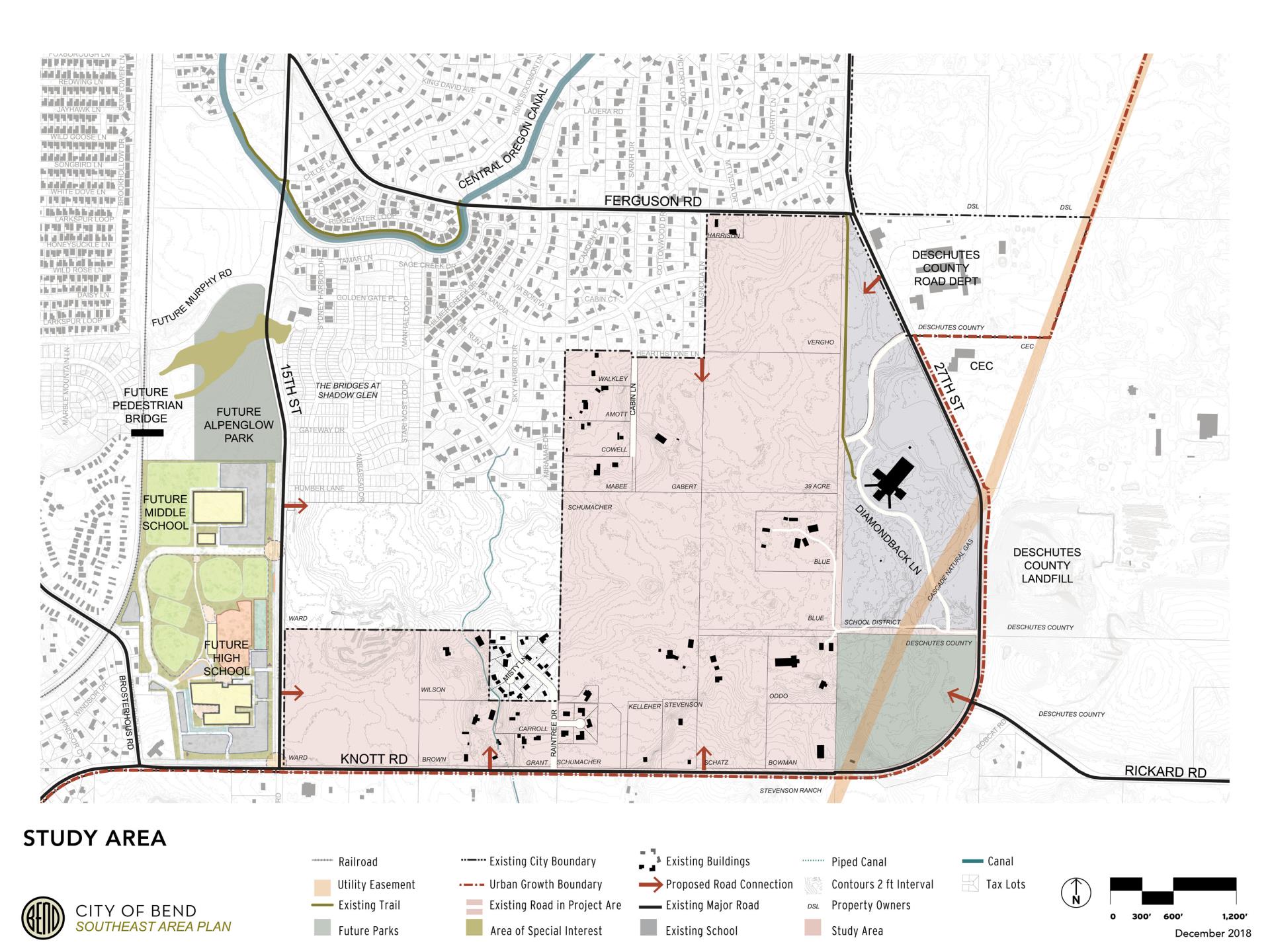 Map of Southeast "Elbow" Project Area with Comprhensive Plan designations. On left side of image is a location map that shows that the southeast elbow expansion area is located in the southeast of Bend's urban growth boundary.