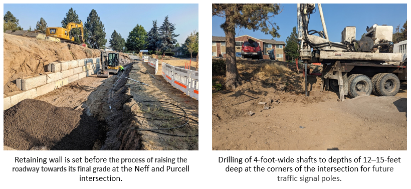 Retaining wall is set. Equipment drilling of 4-foot-wide shafts to depths of 12–15-feet deep at the corners of the intersection for future traffic signal poles.
