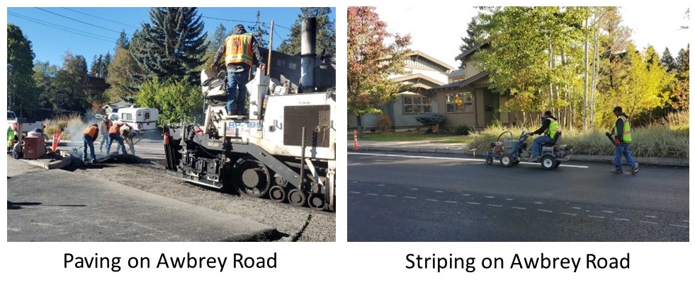 Crews and equipment paving and striping Awbrey Road