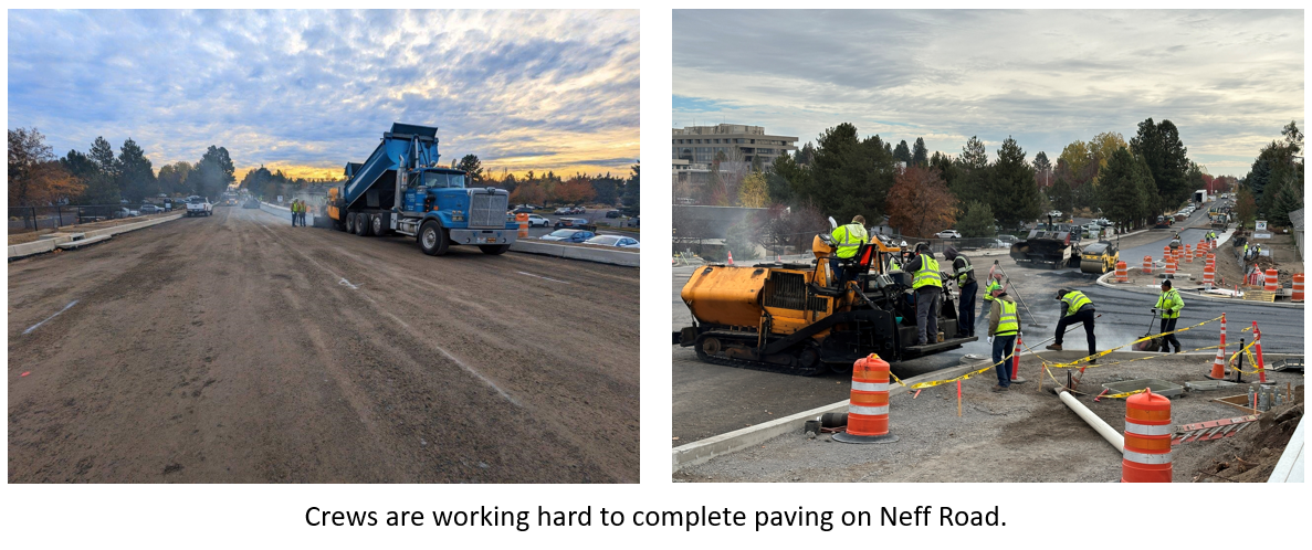 Crews and equipment paving on Neff Road