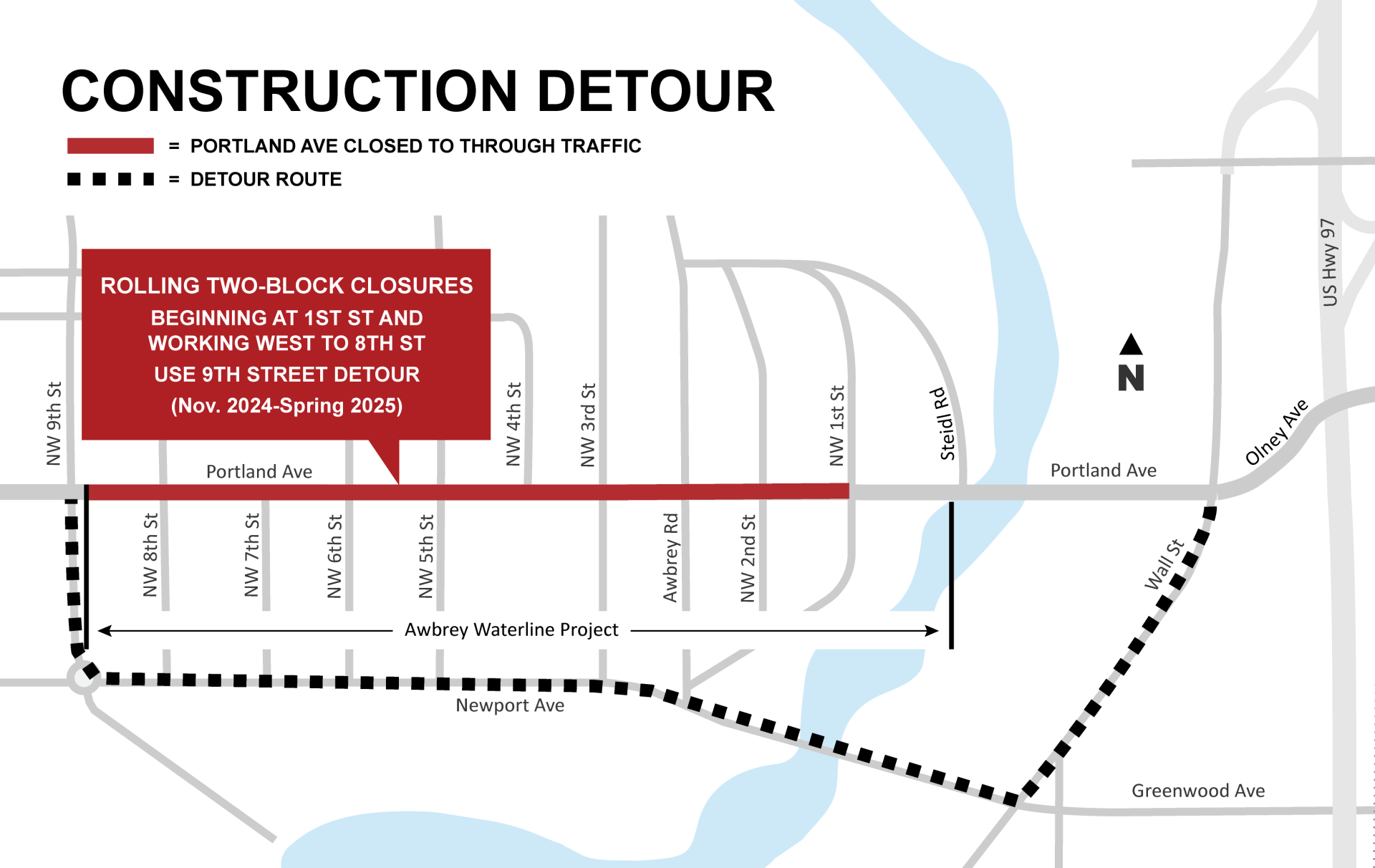Portand detour includes 9th st, newport ave, and wall st
