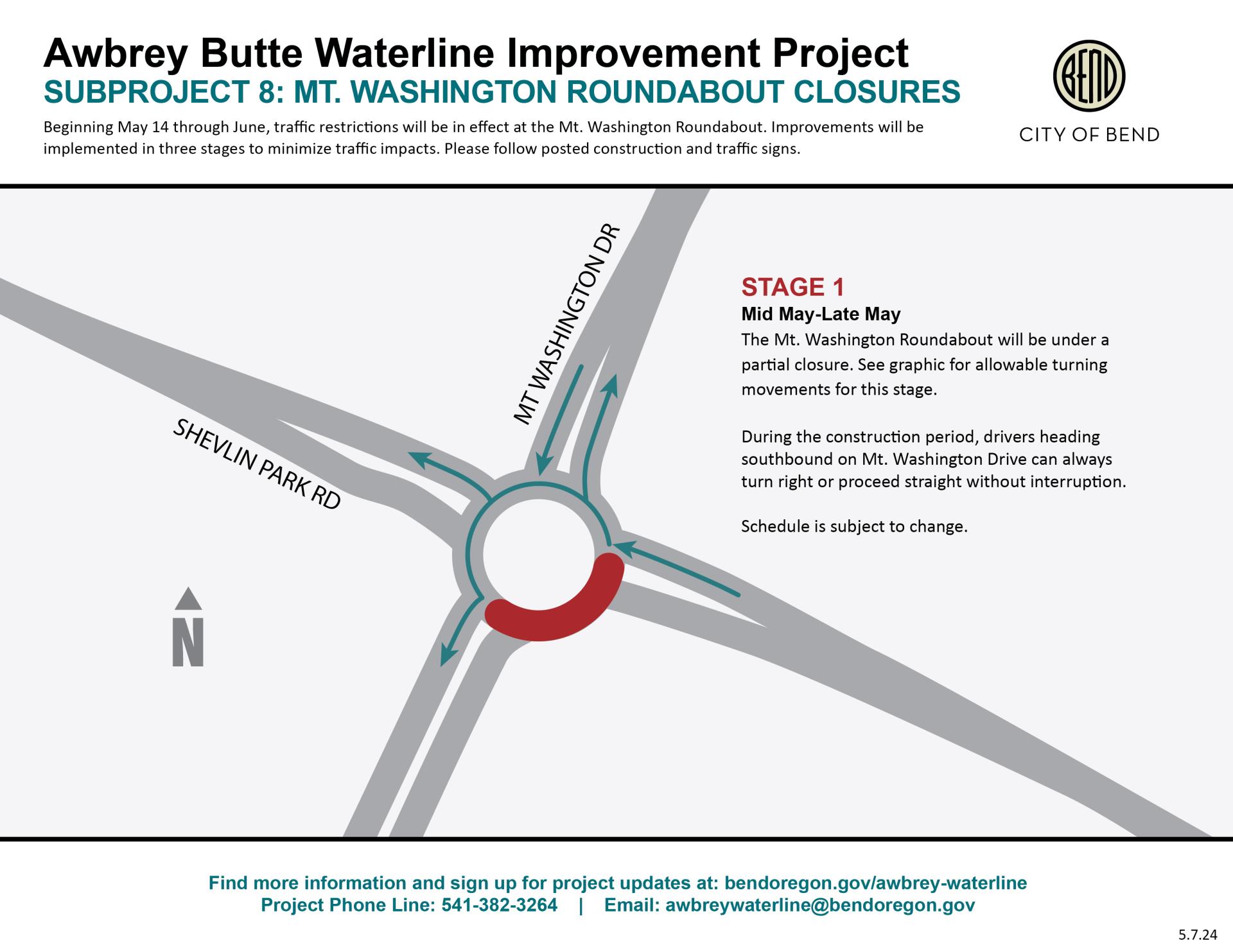 the Mt Washington Dr roundabout northbound lane closed through the eastbound exit on Shevlin Park Rd beginning May 14 through late May