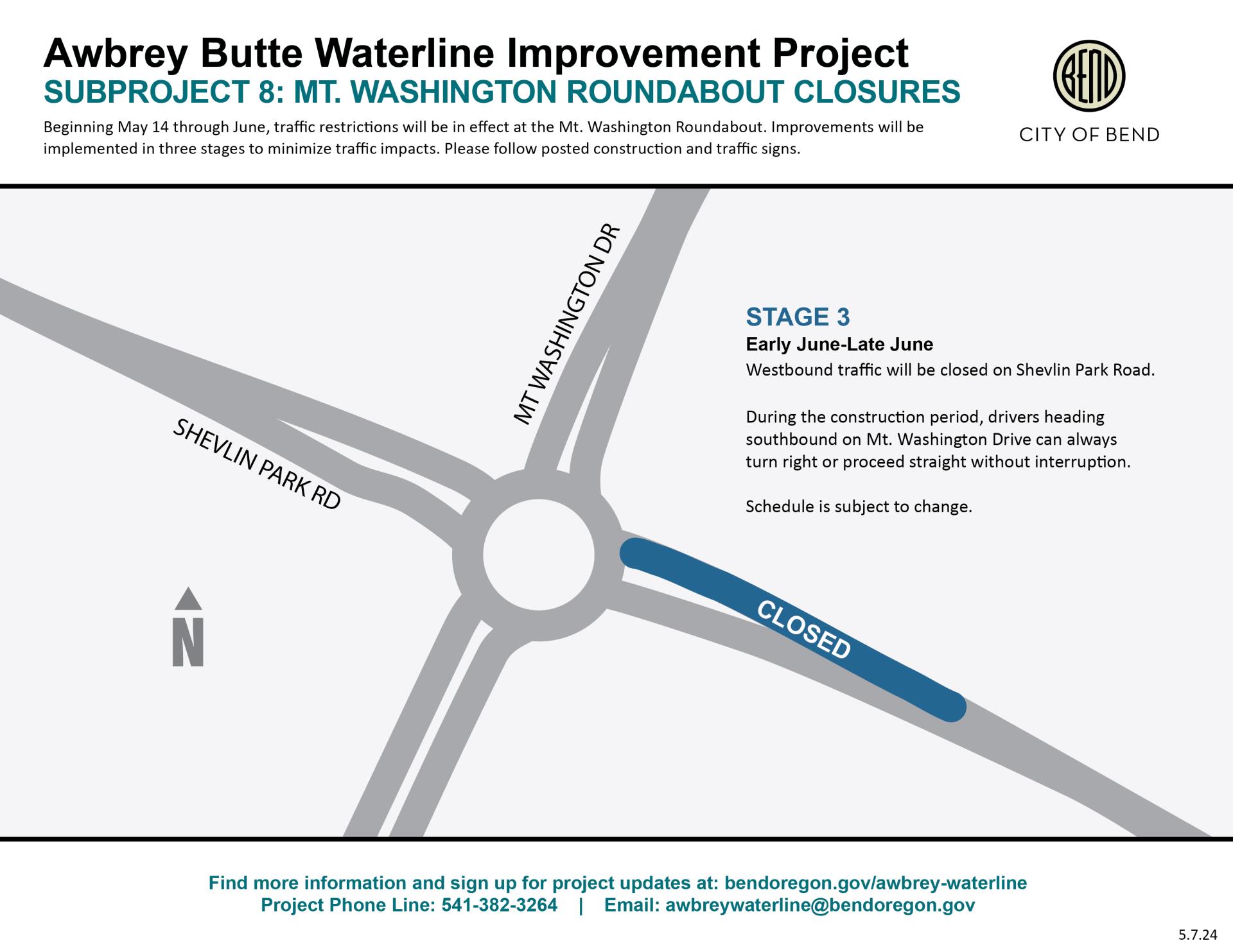 Shevlin Park Road westbound lane closed for aprox. 1000 ft east of the Mt Washington Roundabout to the roundabout entrance beginning early June through end of June