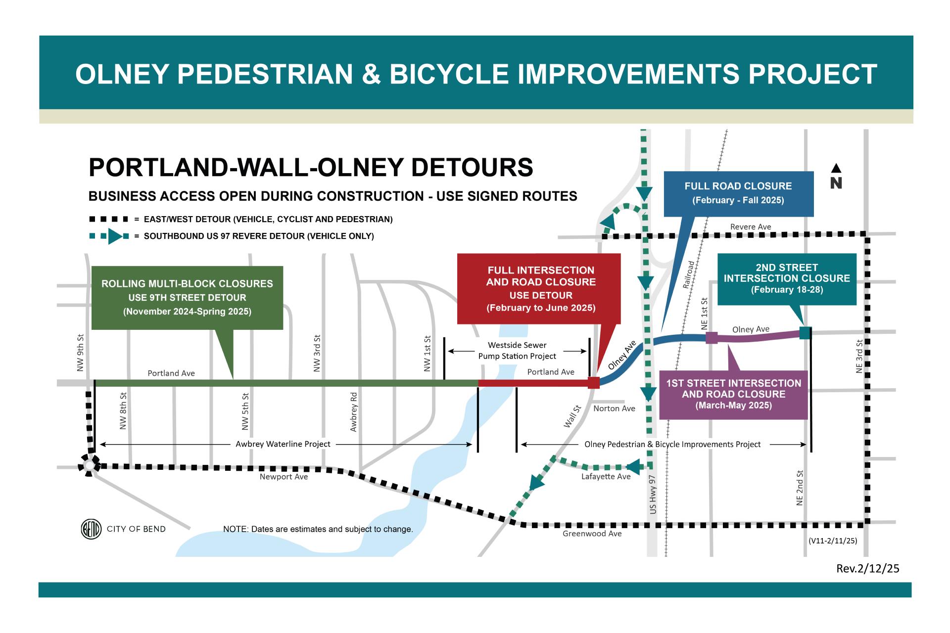 olney detour includes NW 9th Street, Newport Ave/Greenwood Ave, NE 3rd St, Revere and southbound hwy 97 to Lafayette exit