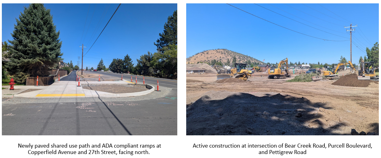 On left, new shared use path. On right, heavy equipment, a dump truck and a construction worker.