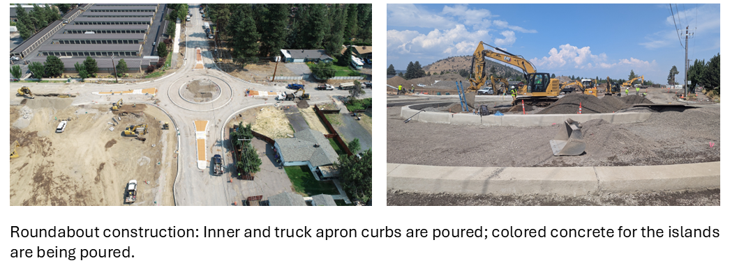 Two images of the roundabout at the intersection of Bear Creek Road, Purcell Boulevard, and Pettigrew Road.  Inner and truck apron curbs are poured; colored concrete for the islands are being poured.