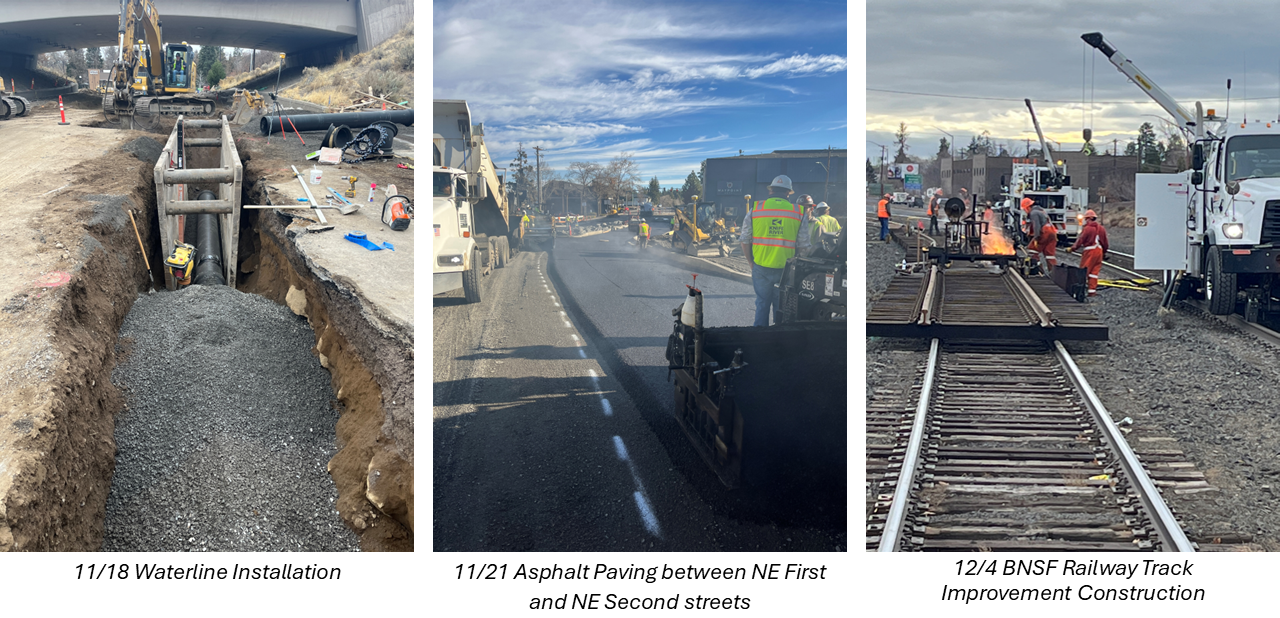 Active construction images: Waterline installation, asphalt paving, and railway track improvements 