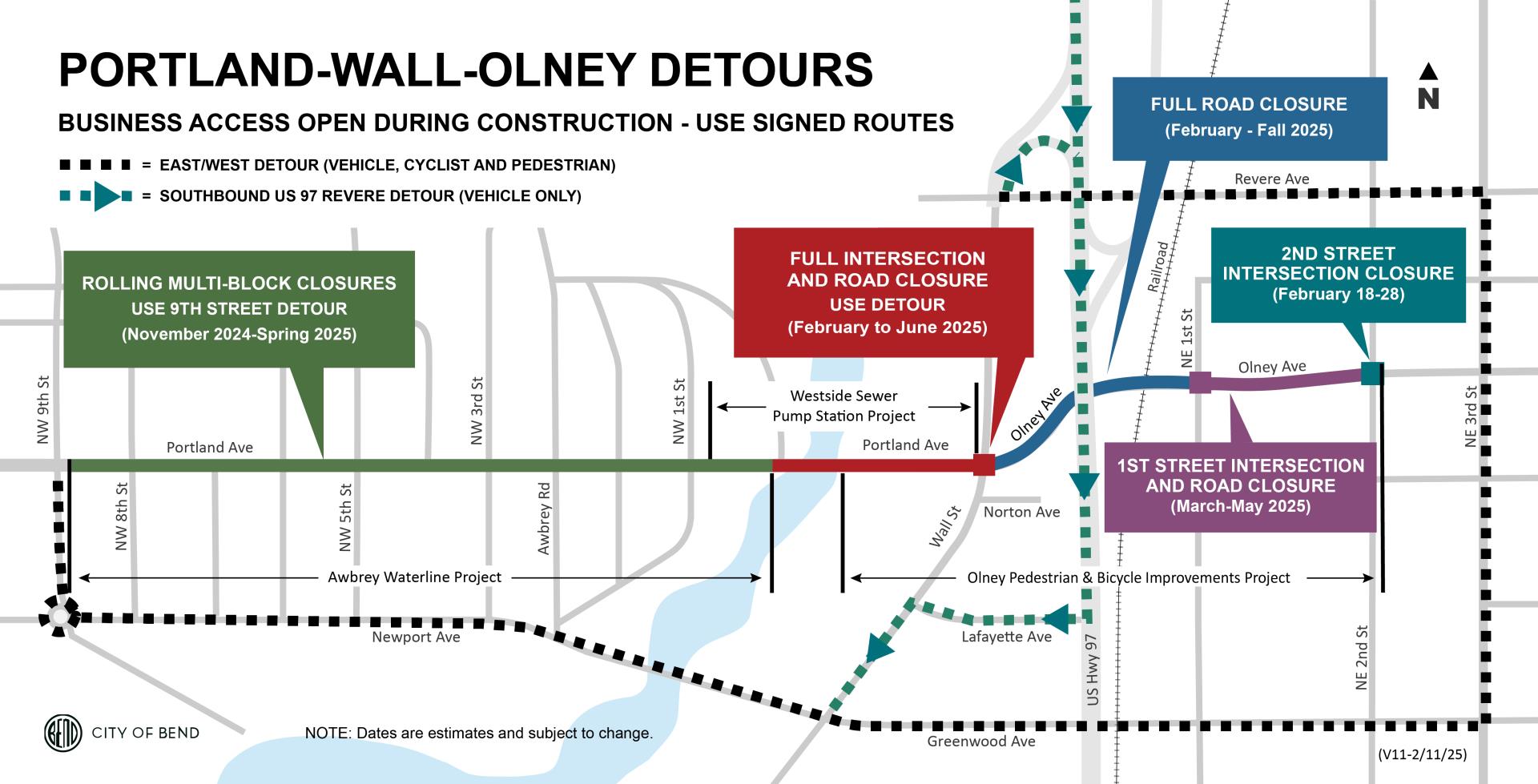 olney detour includes NW 9th Street, Newport Ave/Greenwood Ave, NE 3rd St, Revere for vehicles, bikes and pedestrians, and southbound hwy 97 for vehicles only to Lafayette exit