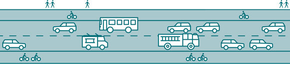 A graphic of a road with cards, people and bikes