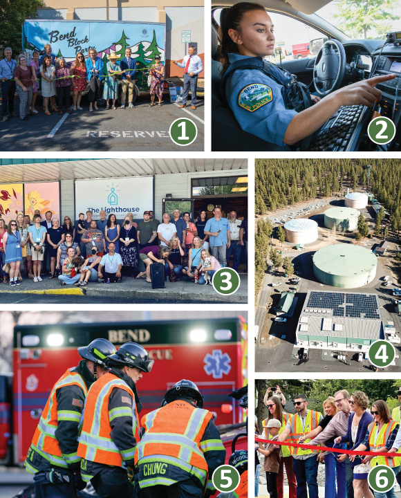 A collage of photos from over the year. The Bend Block Party Trailer, a female police officer, the Lighthouse Navigation shelter, the Water Filtration Facility, Fire Fighters and a ribbon cutting at the Newport Ave opening.