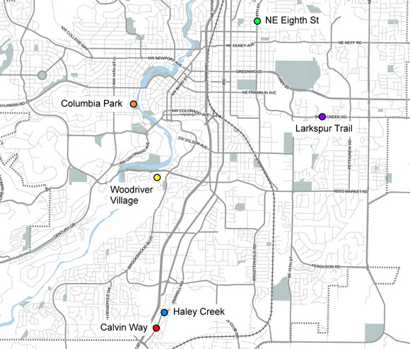 A top-down map view of Bend with several areas highlighted that show where construction is going to be performed to improve sidewalks