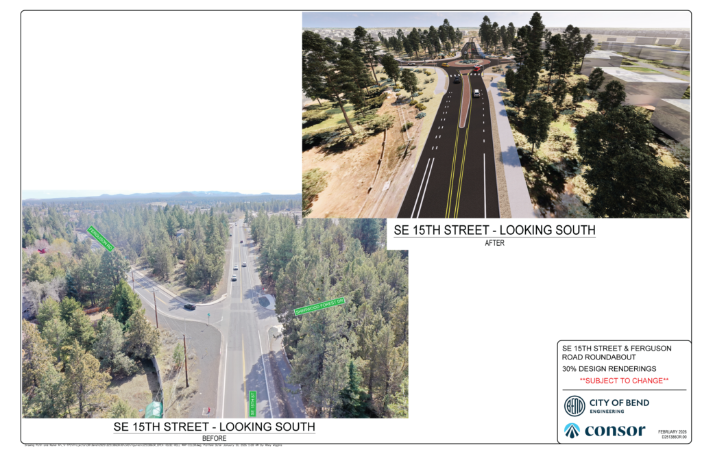Before and after image and rendering of the roundabout facing south