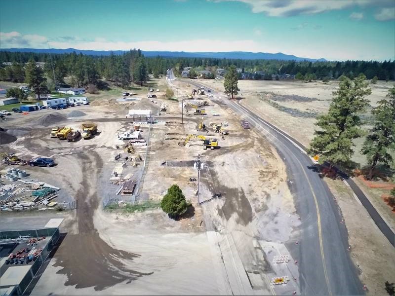 An aerial photo overlooking the Murphy Road construction site, construction equipment, and the bypass road.