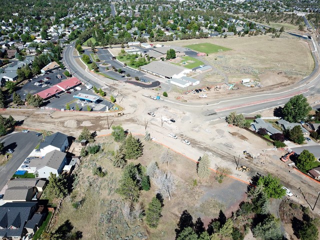 An aerial bird's-eye view of the 27th Street & Butler Market Rd roundabout construction.