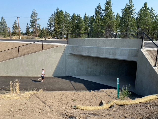A photo of a pedestrian using the Empire extension pedestrian & bicycle undercrossing.