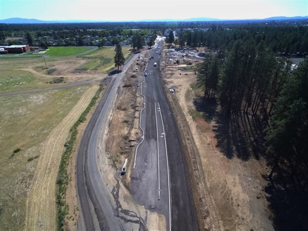 An aerial photo of Murphy Road construction and the temporary bypass road looking east towards Brosterhous Road.
