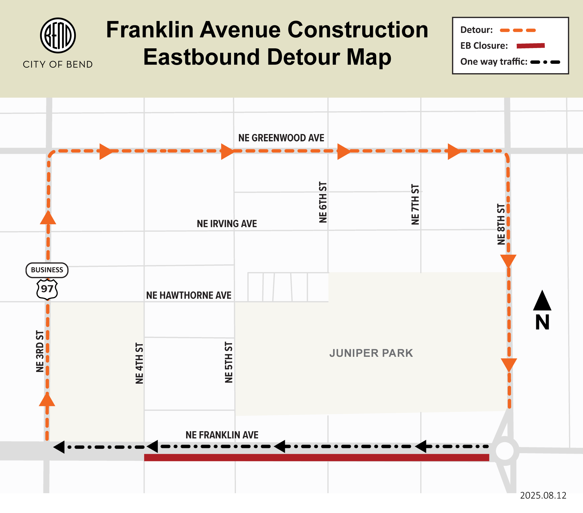Franklin (4th-8th) construction one way closure detour route includes, 8th Street, Greenwood, 3rd Street