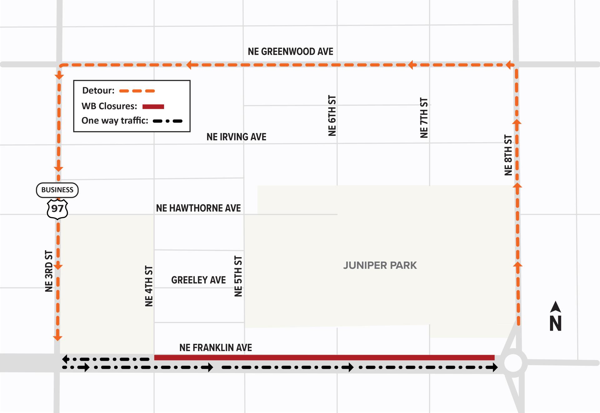 Franklin 4th-8th WB Detour Map - detour includes Greenwood, 3rd St and 8th St