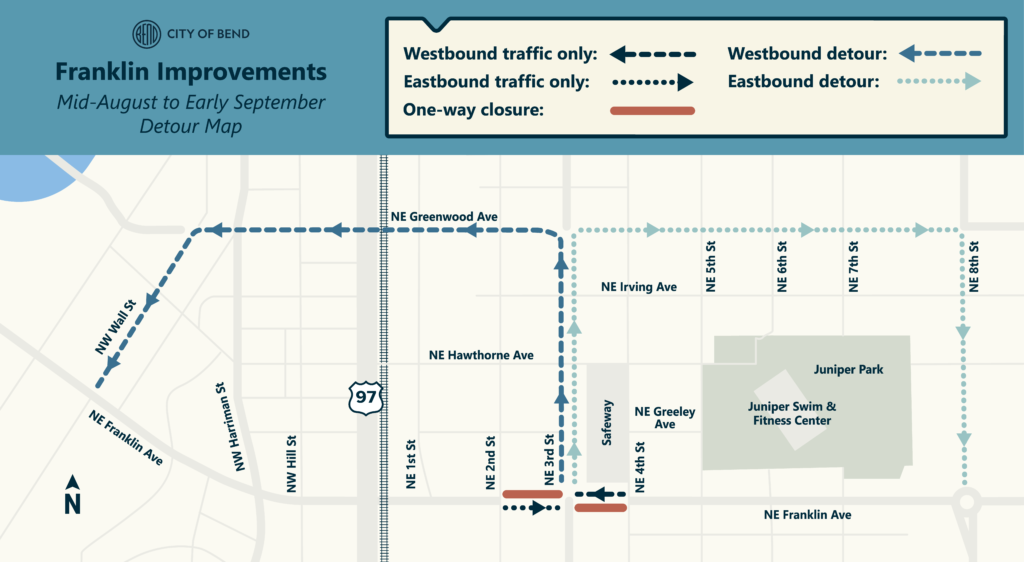 Starting in mid-August (for about three weeks) Franklin Avenue eastbound traffic is closed between 3rd Street and 4th Street. Detour includes 3rd street, Greenwood, and 8th Street. Westbound closure of Franklin Avenue between 2nd and 3rd streets continues through August. Westbound detour includes 3rd st, Greenwood Ave, and Wall St.