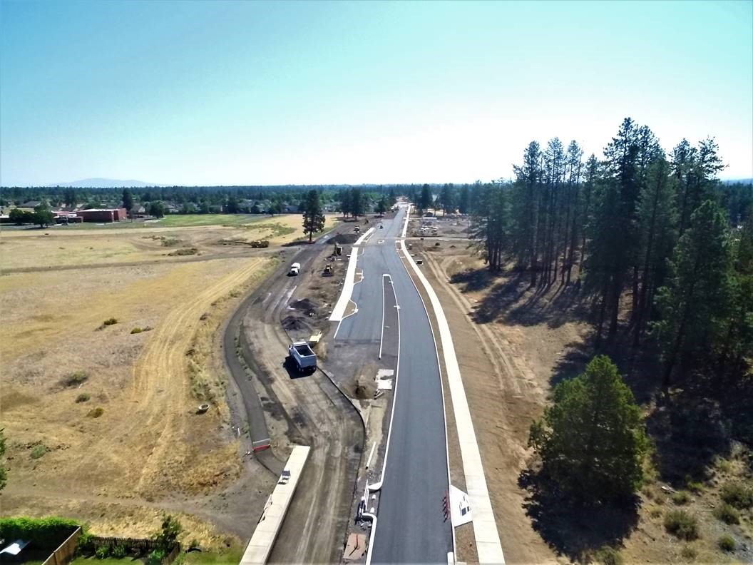 An aerial photo of work crews and equipment on Murphy Road looking east.
