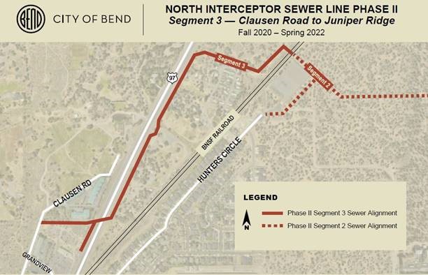 A satelite-view map depicting the Phase II, Segments 2 & 3 Sewer Alignment near Clausen Rd, Highway 97, The BNSF Railroad, and Hunters Circle.