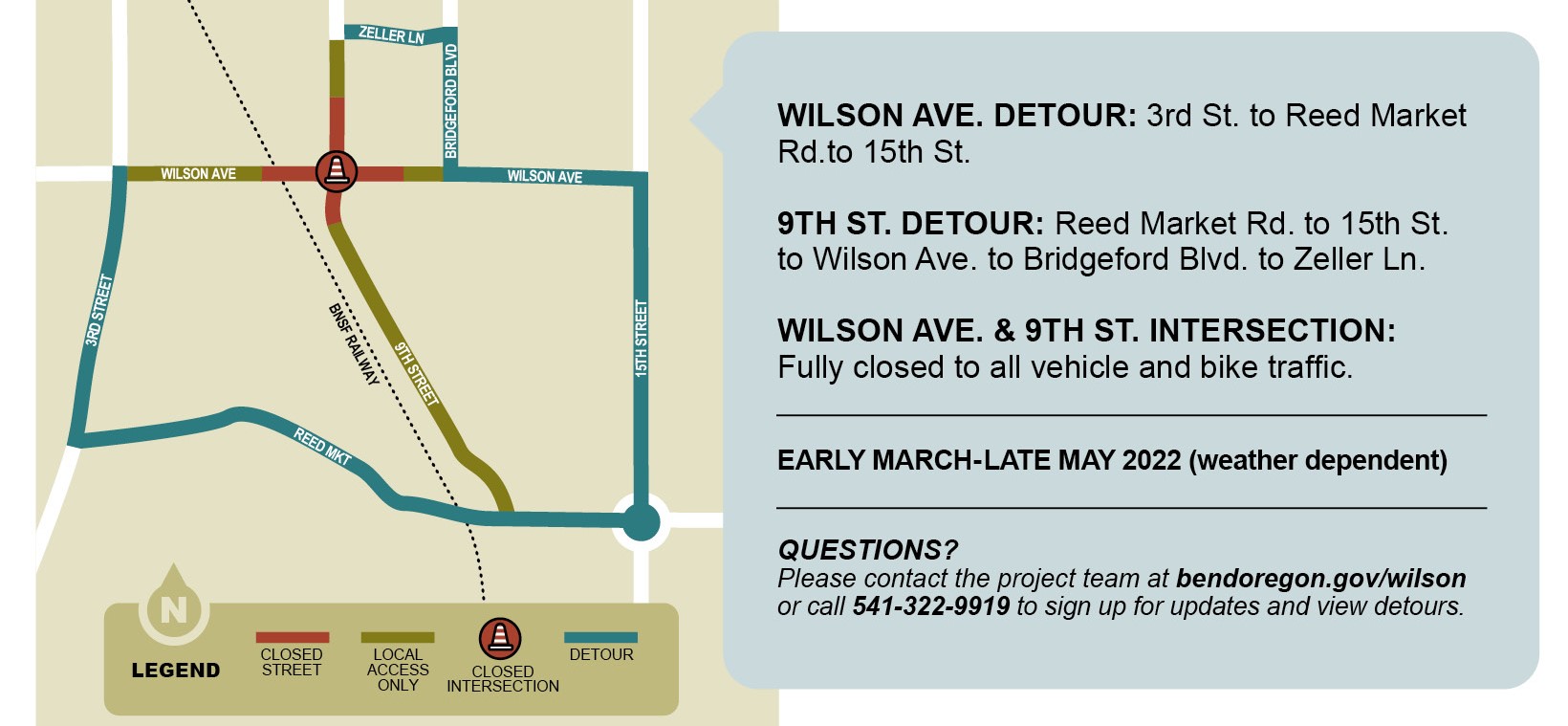 Wilson avenue and 9th Street intersection will be closed starting March 7, 2022 for construction of a new roundabout.