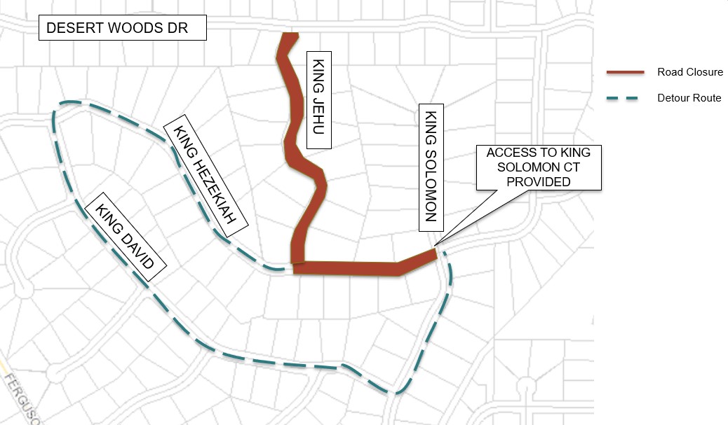 A map of the traffic control plan depicting the road closure on King Hezekiah & King Jehu, and the detour route on King Hezekiah & King David.