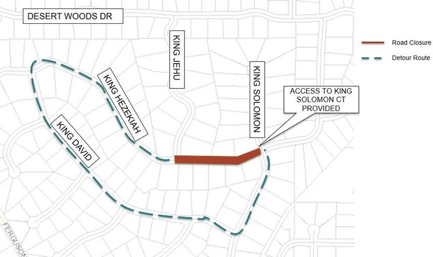 A map of the traffic control plan depicting the road closure on King Hezekiah, between King Jehu & King Solomon, and the detour route on King Hezekiah & King David.