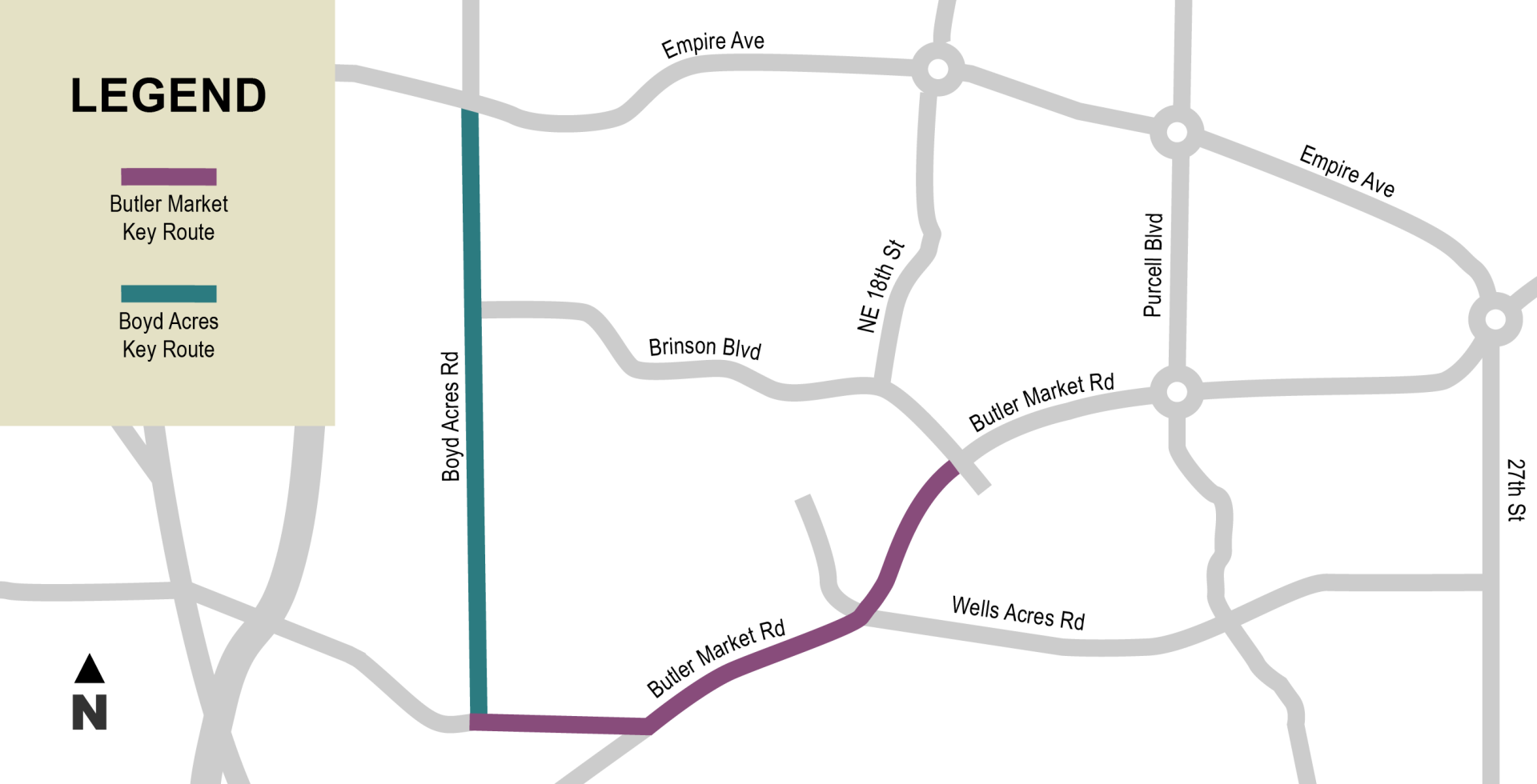 map of proposed area for key routes on Butler Market Road and Boyd Acres Road 