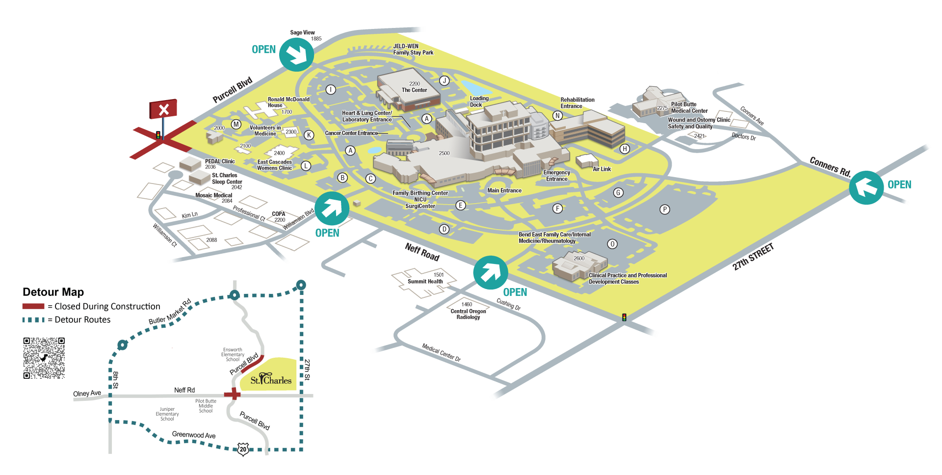 entrances st charles bend hospital campus include Conners Drive from 27th street; Medical Center Drive, Willamson Blvd