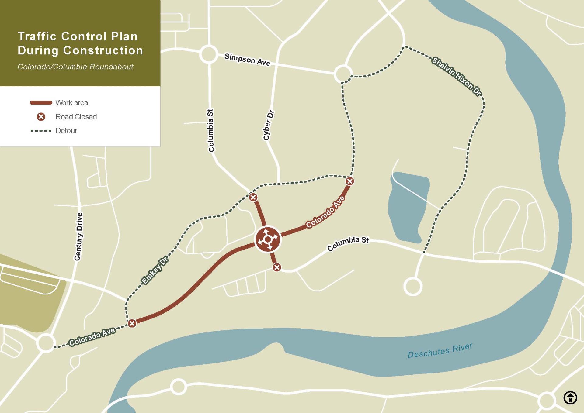 A map depicting the work area and road closure at the Colorado Ave. & Columbia St. intersection, and the detour along Shelvin Hixon Dr and Emkay Dr.