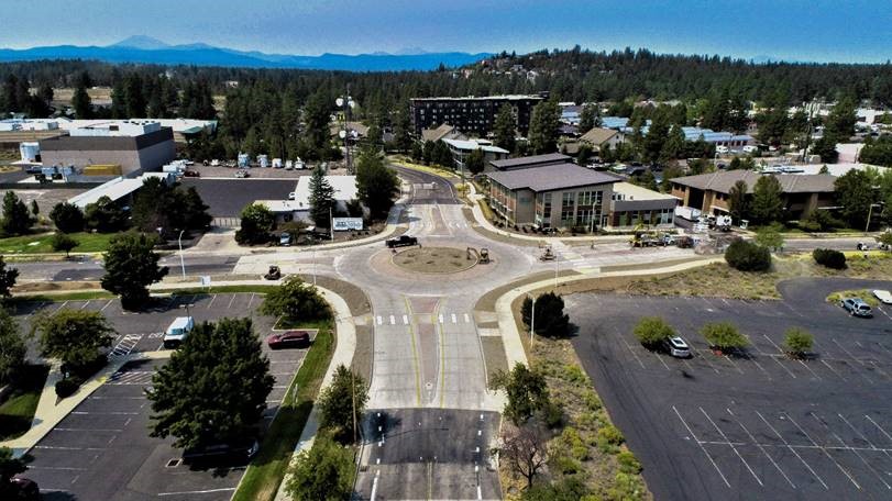 An aerial photo looking west down Simpson and overlooking the new roundabout.